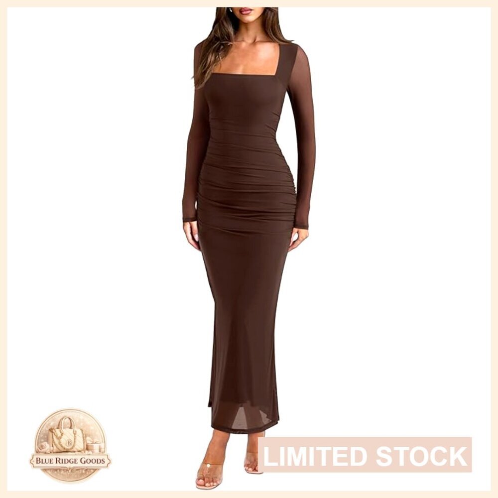 Sheer Mesh Square Neck Bodycon Maxi Dress Long Sleeve Ruched Wedding Guest